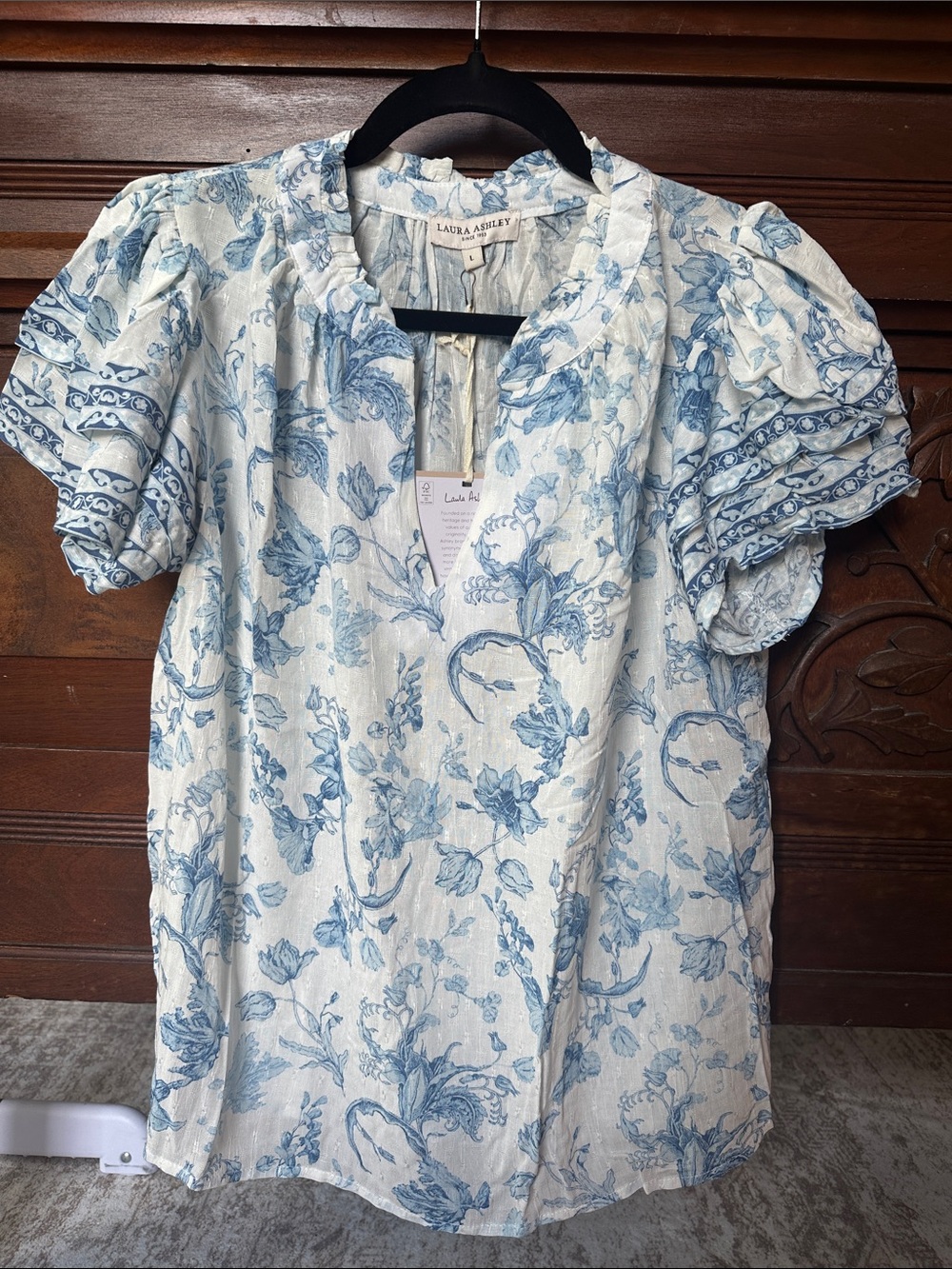 Laura Ashley White and Blue Floral V-Neck Short Sleeve Blouse